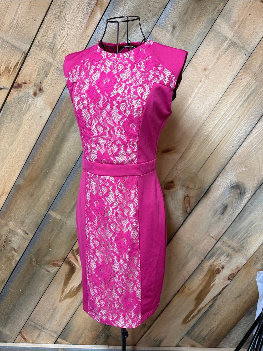 Little Mistress Fuchsia Lace-Panel Midi Sheath Dress